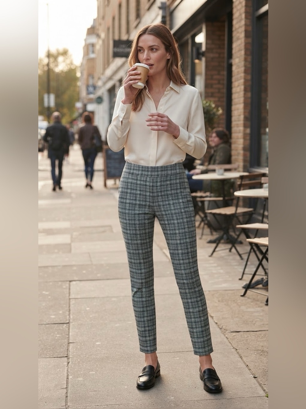 SOHO Apparel Gray Plaid Glen Check Pull-On Ponte Ankle Pants Belt Loops Large